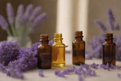 Flores de lavanda y botellas de aceite esenciales rodeadas de notas de fragancia en un estudio de perfumería.