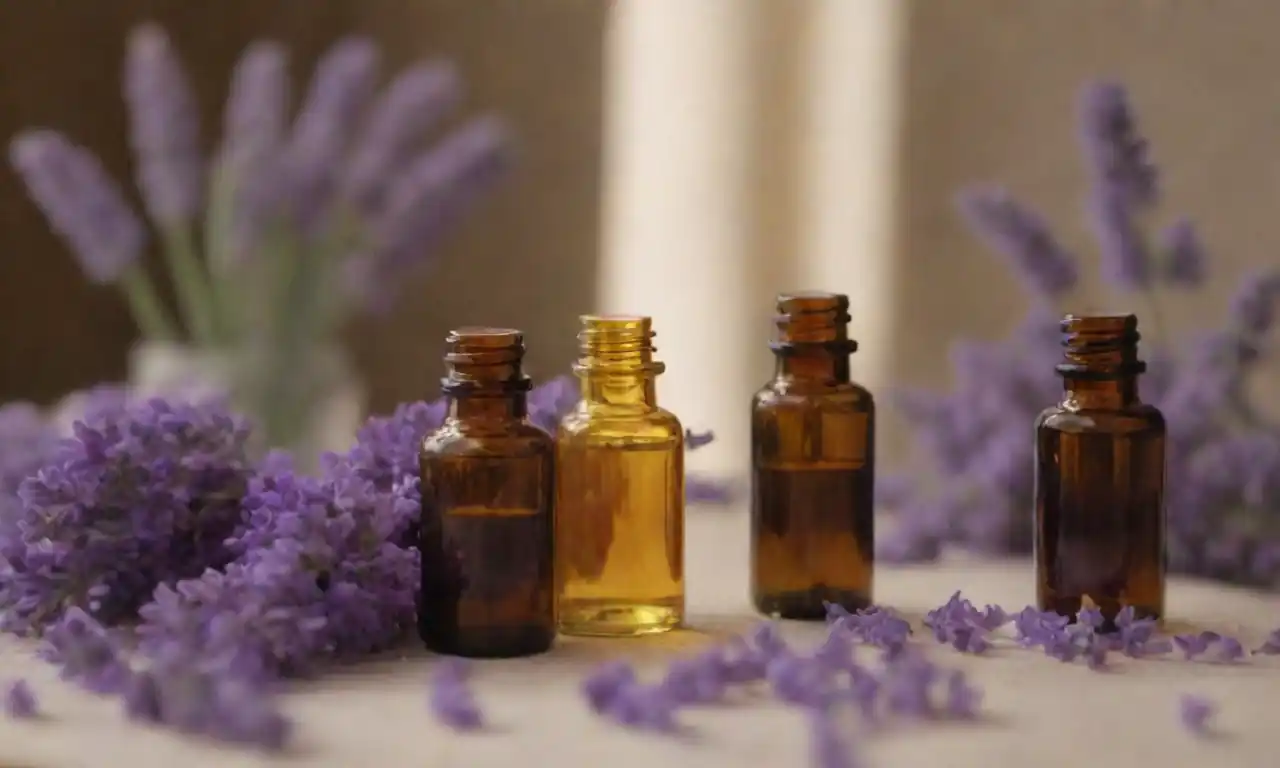 Flores de lavanda y botellas de aceite esenciales rodeadas de notas de fragancia en un estudio de perfumería.