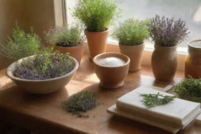 Una acogedora cocina rústica llena de hierbas frescas