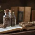 Viales y raíces de valeriana secas exhibidas junto a los libros de medicina herbal.