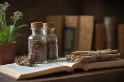 Viales y raíces de valeriana secas exhibidas junto a los libros de medicina herbal.