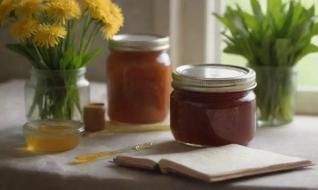 Jars de león conserva con hojas de león frescas y un libro de recetas cerca.