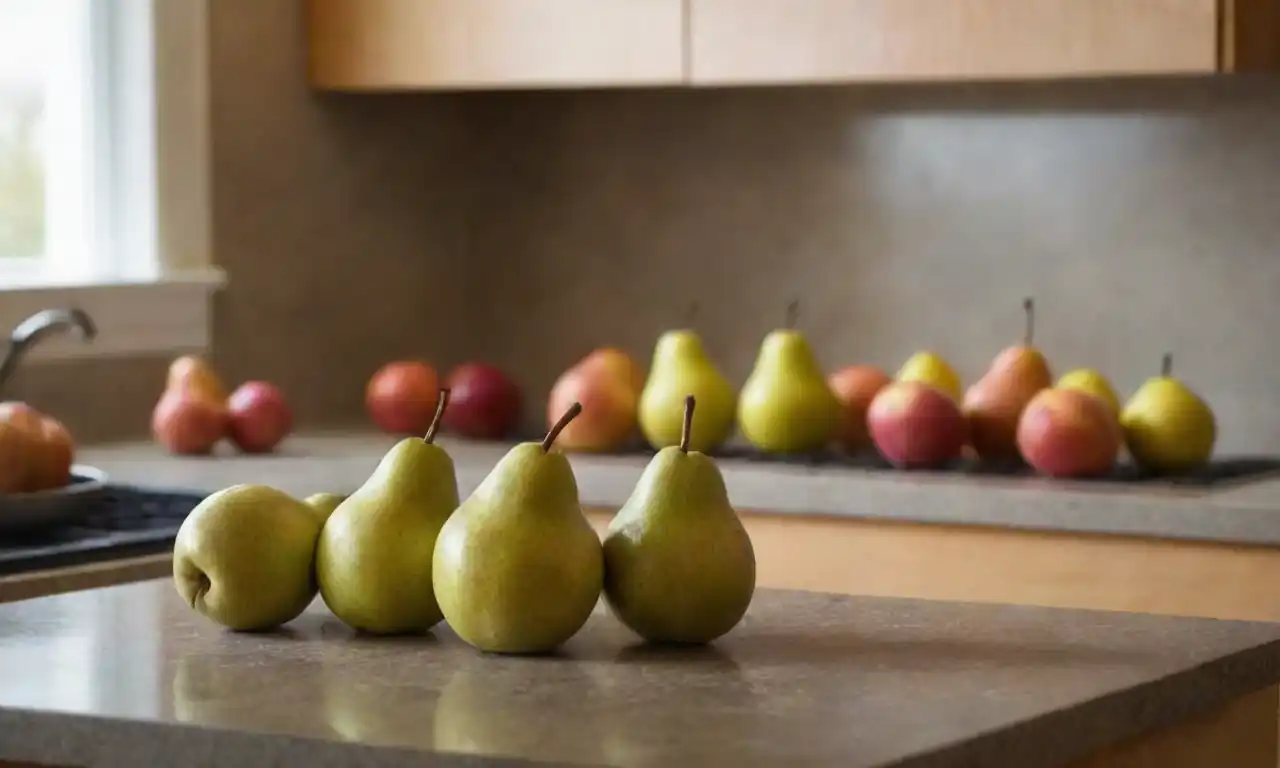 Una colección de recetas de pera con pautas proporcionales mostradas en un mostrador de cocina.