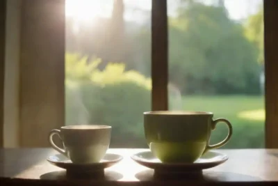 Un ambiente sereno con una taza de té verde y la luz del sol fluyendo a través de una ventana.