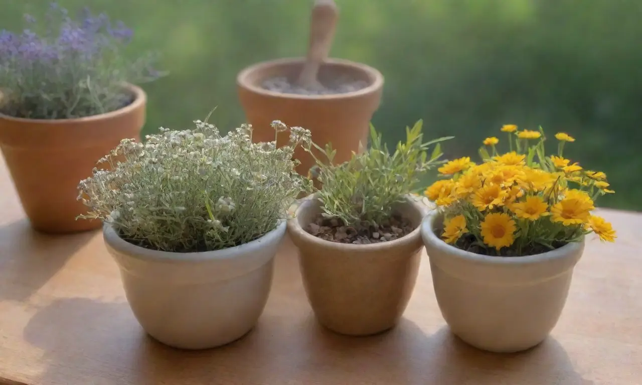 Un arreglo armonioso de hierbas y flores en un ambiente tranquilo y natural