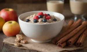 Pegatinas de canela con frutas frescas y un tazón de avena en una mesa rústica.