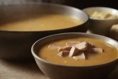 Rebanada de jengibre fresca junto a un cuenco de sopa y una olla de guiso.