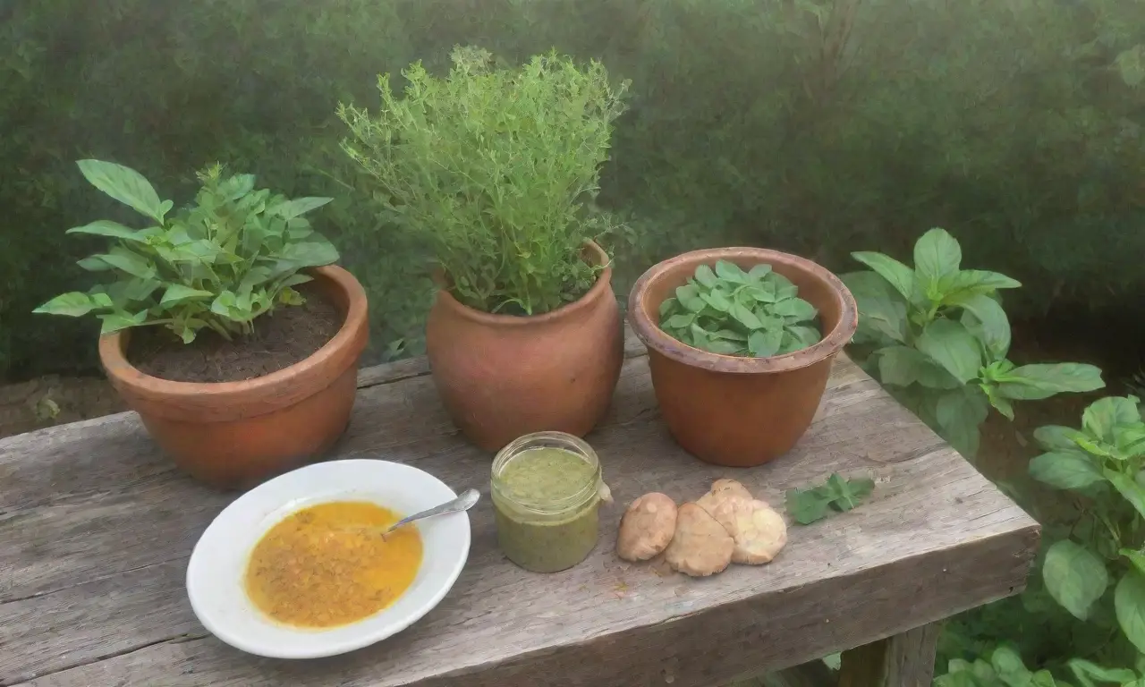 Un rincón acogedor de cocina con raíces de jengibre, hierbas frescas y una taza de té humeante