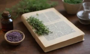 Un ramo de tomillo junto con artículos relacionados con la salud como un libro de hierbas o aceite esencial.