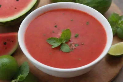 Tazón de sopa de sandía vibrante adornada con menta y lima