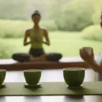 Una escena serena de una persona practicando yoga con una taza de té verde a su lado en un entorno tranquilo.