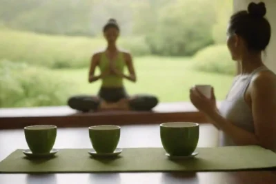 Una escena serena de una persona practicando yoga con una taza de té verde a su lado en un entorno tranquilo.