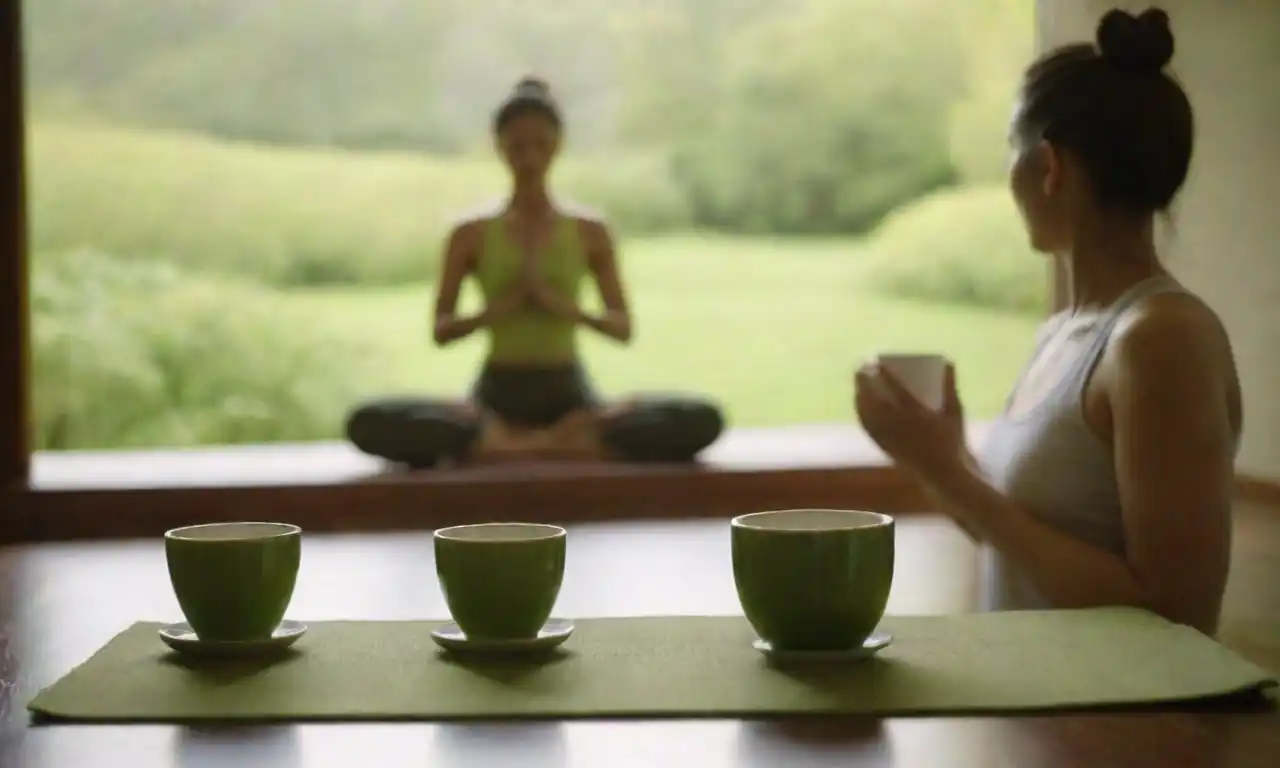 Una escena serena de una persona practicando yoga con una taza de té verde a su lado en un entorno tranquilo.