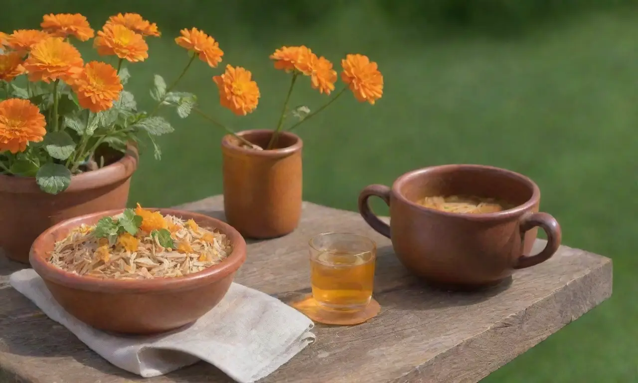 Un jardín vibrante con caléndulas, té dorado y un ambiente pacífico
