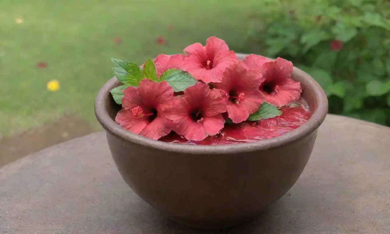 Un vibrante escenario de flores de hibisco, té, ensalada y un ambiente acogedor en un jardín sereno