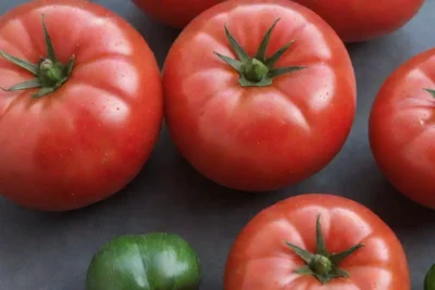 Tomates rojos brillantes y frescos en una cocina rústica