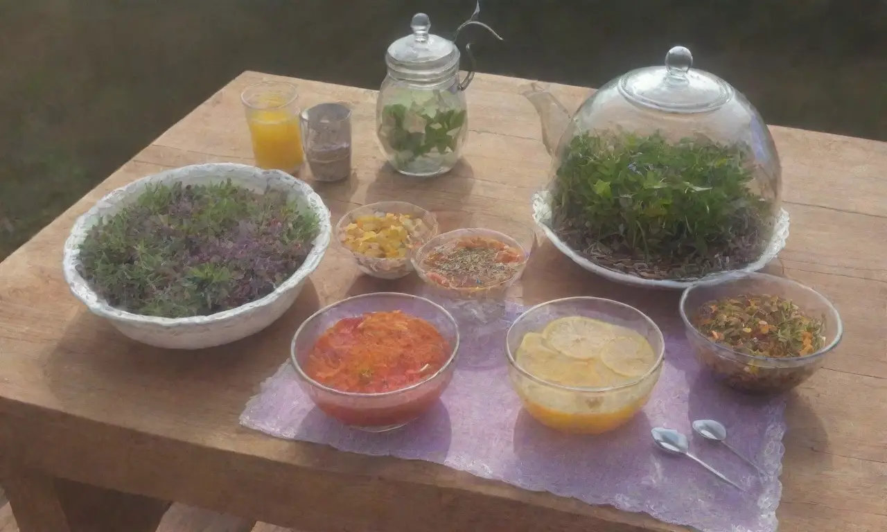 Un ambiente acogedor de té con flores, hierbas y aromas naturales