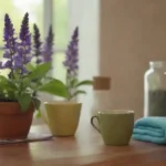 Planta de Salvia mostrada junto con artículos de estilo de vida saludable como agua