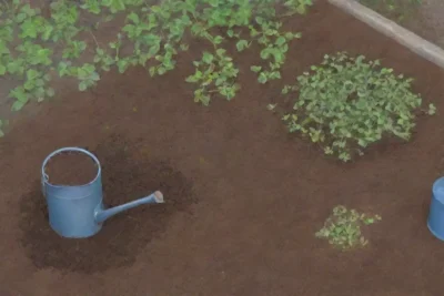Un jardín vibrante con una mesa rústica