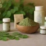 Hojas Moringa mostradas junto con productos cosméticos y remedios herbarios.