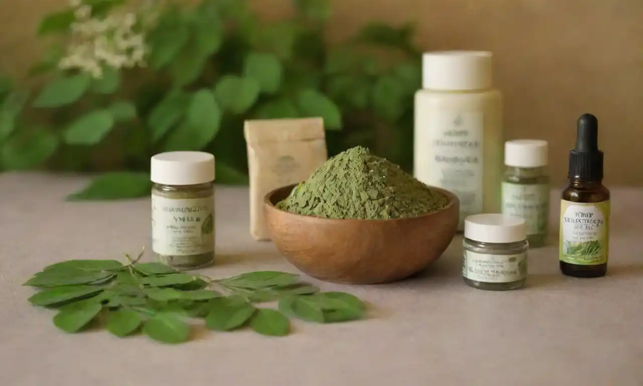 Hojas Moringa mostradas junto con productos cosméticos y remedios herbarios.