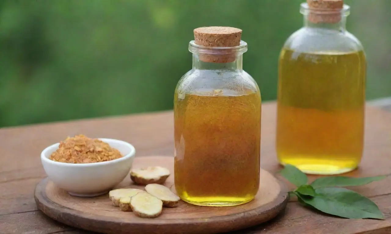 Raíces de jengibre vibrantes y aceite dorado en una botella elegante sobre una mesa rústica