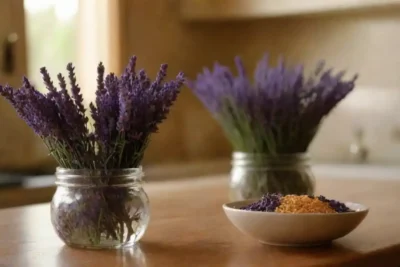 Las ramitas de lavanda se utilizan para saborear platos y bebidas infusas en un entorno de cocina.