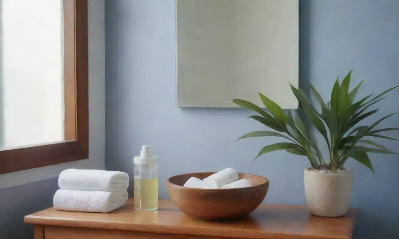 Un baño sereno y acogedor con luz natural, aceites, plantas y productos de belleza que invitan a la tranquilidad