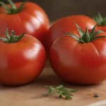 Montar tomates de vid y aparejos de tomillo frescos en una tabla de corte de madera.
