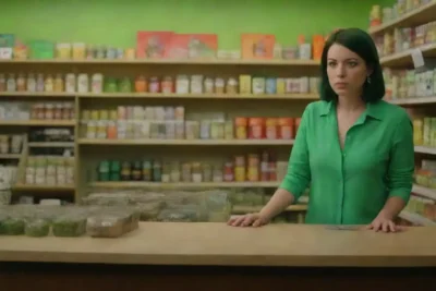 Una persona eligiendo té verde en una tienda colorida con estantes repletos de tés.