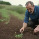 Un jardinero plantando tomillo en un huerto