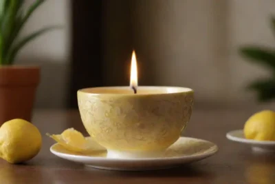 Taza de manzanilla junto a un ambiente armonioso decorado según principios de feng shui.