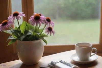 Flores de equinácea moradas rodeadas de hojas verdes y una atmósfera tranquila