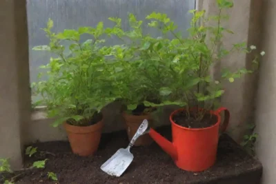 Una planta verde vibrante en un entorno soleado y lleno de herramientas de jardinería