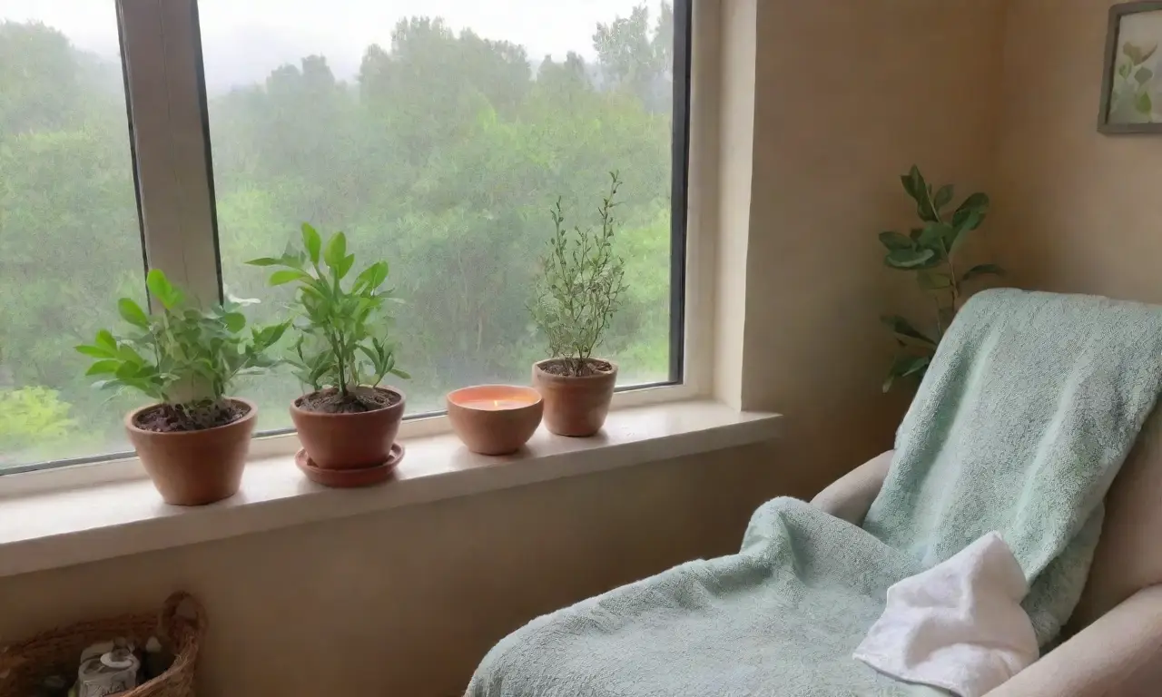 Una habitación serena con paredes pastel, un sillón acogedor, una infusión humeante y un ambiente de tranquilidad