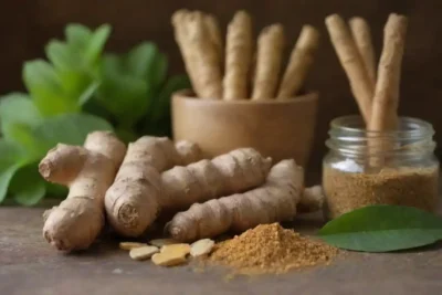 Las raíces de jengibre se muestran junto con suplementos herbarios y herramientas de medicina tradicional.