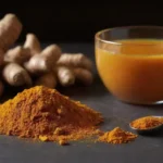 Las raíces y polvo torméricos se exhiben junto a hierbas y una taza de té a base de hierbas.