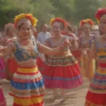 Representación colorida de bailarines tradicionales Pimpinela folclore en trajes vibrantes en una celebración festiva.