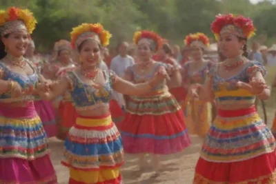 Representación colorida de bailarines tradicionales Pimpinela folclore en trajes vibrantes en una celebración festiva.