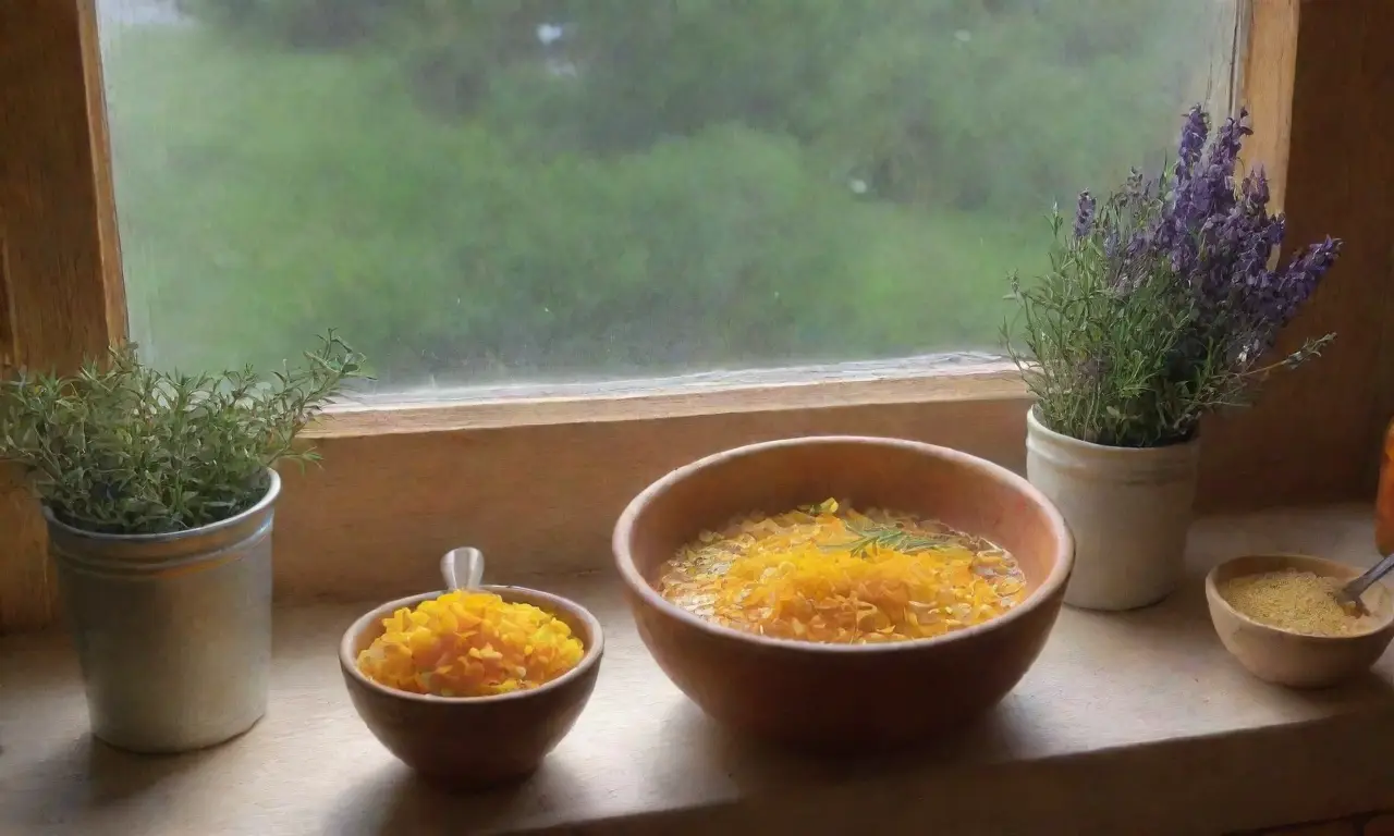 Una acogedora cocina rústica llena de hierbas, aromas y utensilios naturales