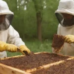 Beekeepers extracting propolis from hives using specialized tools and methods.