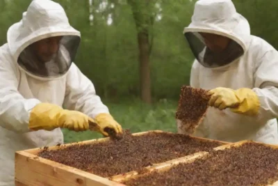 Beekeepers extracting propolis from hives using specialized tools and methods.