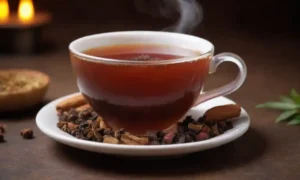 Una taza de té de vapor infundida con clavos y hierbas vibrantes