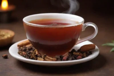 Una taza de té de vapor infundida con clavos y hierbas vibrantes