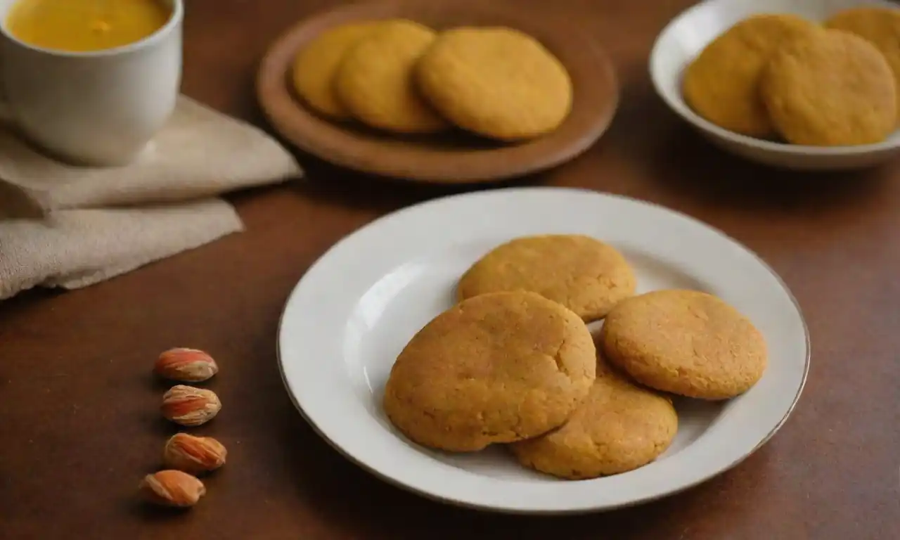 Deliciosos galletas de cúrcuma exhibidas en un plato con una tarjeta de receta a su lado.