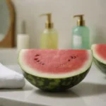 Sliced sandía situada en un mostrador de baño con productos de cuidado de la piel y una toalla.