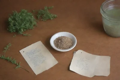 Un rincón nostálgico de cocina con hierbas secas y luz suave