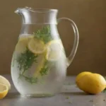 Una jarra de agua refrescante infundida con tomillo fresco y rebanadas de limón en una mesa.