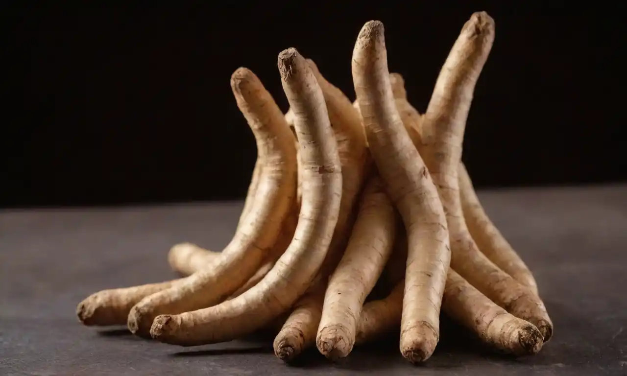 Una diapositiva de presentación vibrante con raíces ginseng y beneficios para la salud.