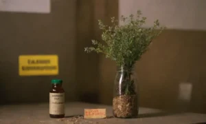 Una planta de tomillo dorada junto a una botella etiquetada Excesivo Consumo y señales de precaución.